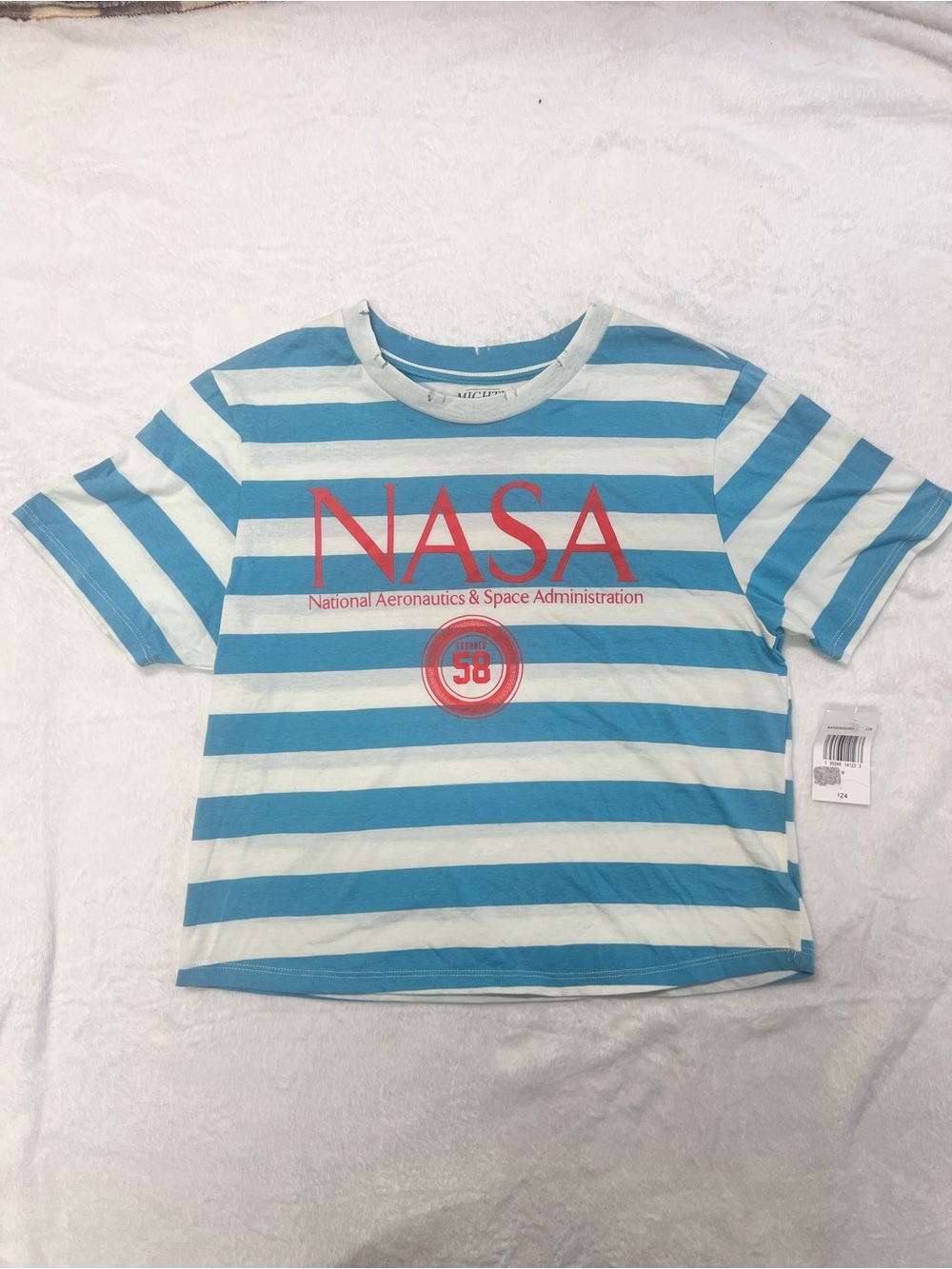 Mighty Fine Blue & White Striped NASA Tee with Red Logo